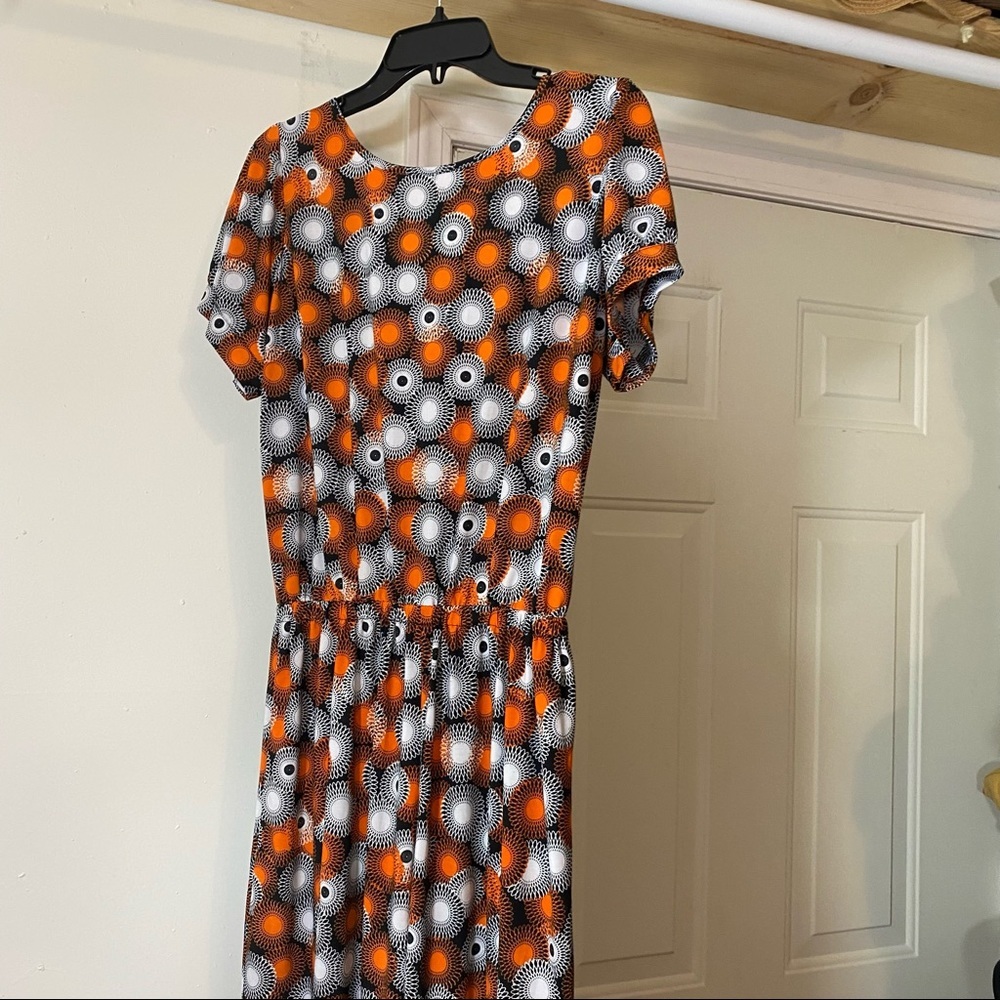 Jumper Jumpsuit Front Zip Elastic Waist Orange Gray circle Print Short Sleeve - Picture 9 of 13